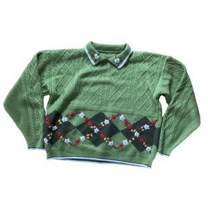 Vintage Green Poinsettia Argyle Sweater